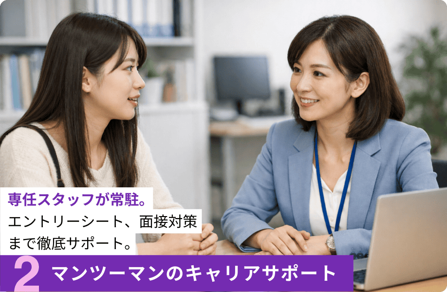 2.マンツーマンのキャリアサポート 専任スタッフが常駐。エントリーシート、面接対策まで徹底サポート。