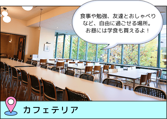 カフェテリア 食事や勉強、友達とおしゃべりなど、自由に過ごせる場所。お昼には学食も買えるよ！