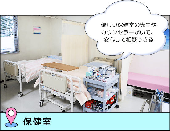 保健室 優しい保健室の先生やカウンセラーがいて、安心して相談できる