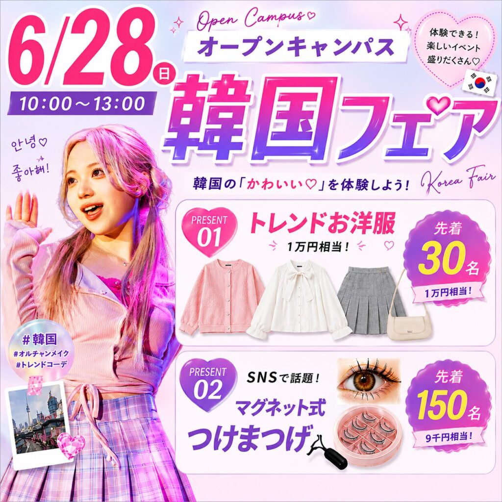 【超豪華プレゼント♡トレンド洋服＆マグネット式つけまつげ】韓国フェア🇰🇷6/28(日)オープンキャンパス　